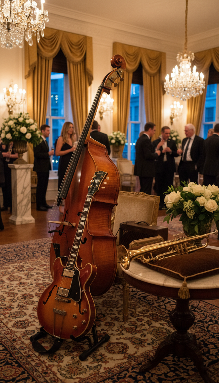double bass, guitar, and trumpet at a private party, no musicians visible. Focus on instruments arranged for an elegant event setting, with a sophisticated ambiance.